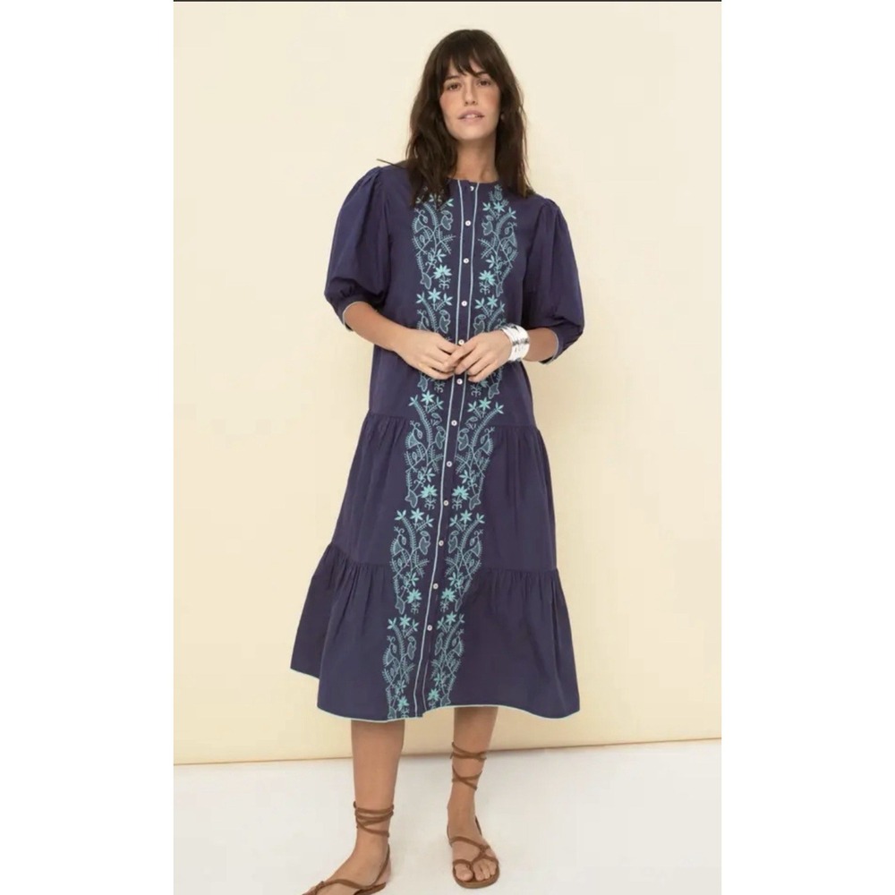 Sonmer Charlotte embroidered midi dress Size Small Drop Waist Blue Modest